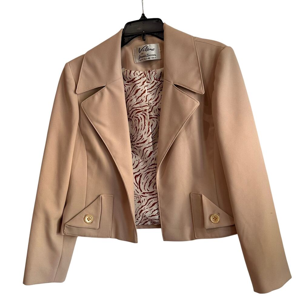 Tiger Print Lined Vintage 70s Cropped Blazer Jacket Beige Open Front M/L -